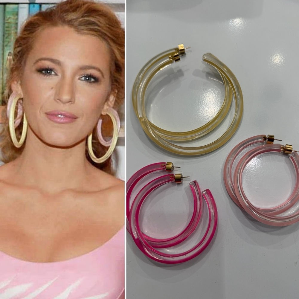 SOLD 3 pairs Alison Lou Jelly Hoop Earrings Pink Yellow ASO Blake Lively